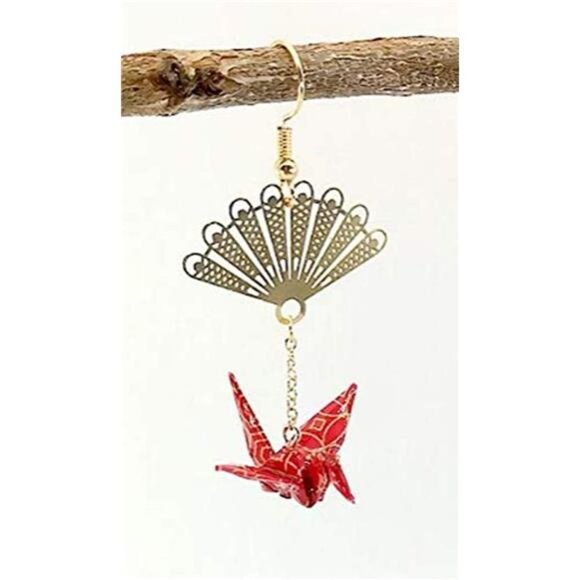 CutieJewelry Crane Origami Bird Fan Dangle Earrings - Cute Pretty Statement - Picture 2 of 6